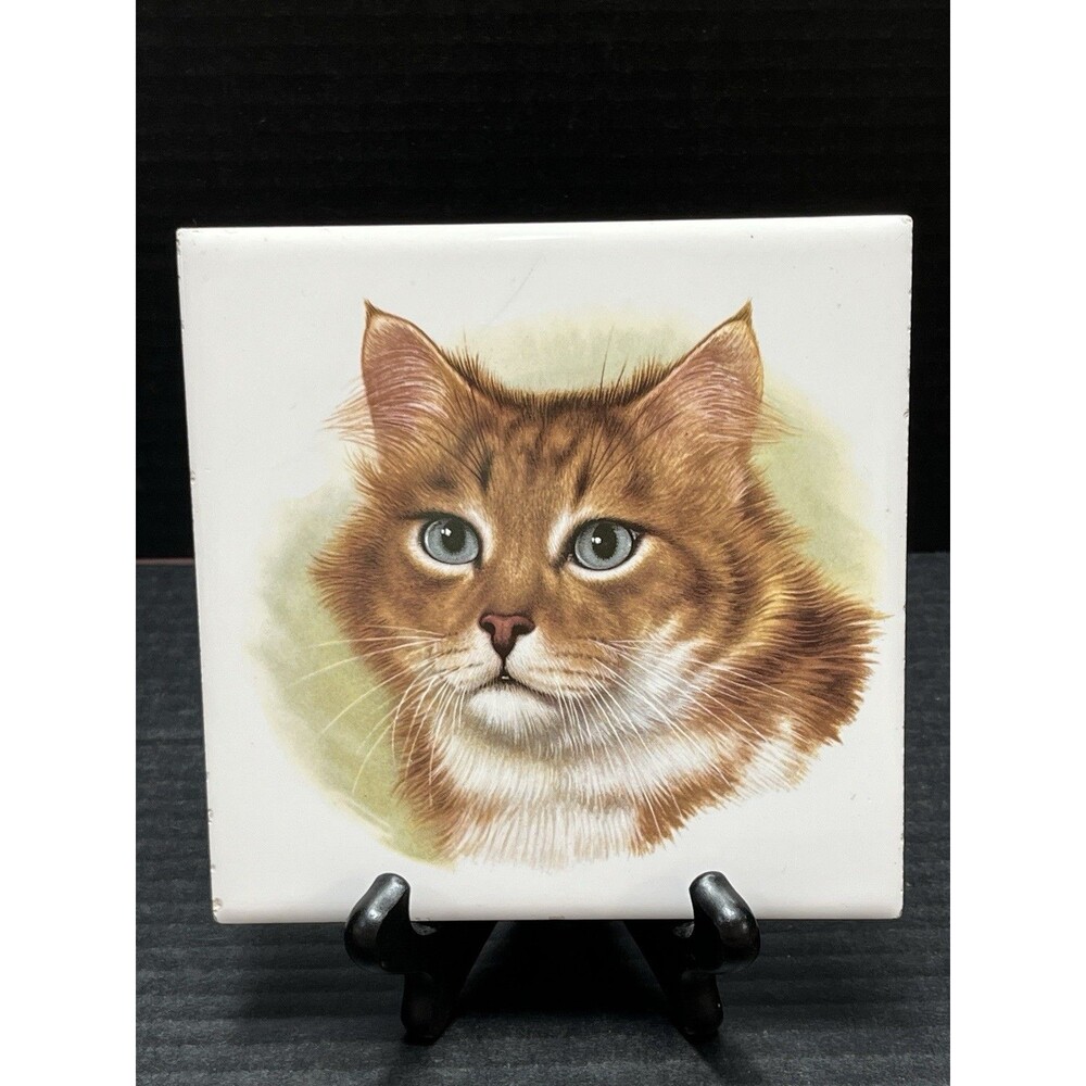 Vintage Ceramo Studio New York 6 X 6" Blue Eye Cat Tile Trivet Rustic Farm Decor